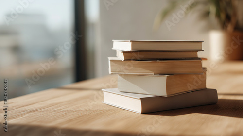Minimalist still life featuring a small stack of neutral-colored books placed on a wooden table, soft daylight illumination