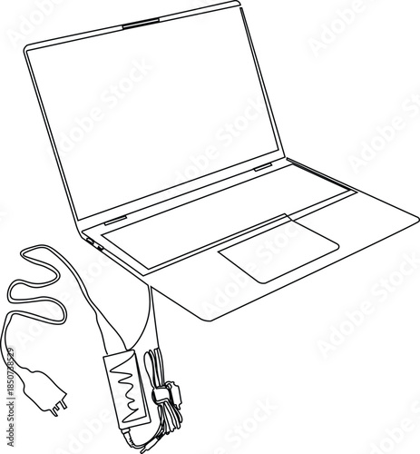 Laptop one line illustration with charger..