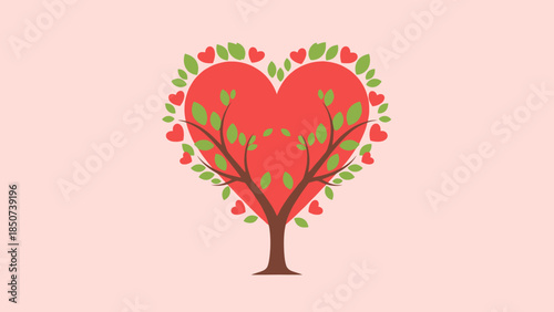 whimsical heart-shaped tree with leaves and flowers symbolizing love and nature