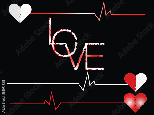 Broken love text with red heartbeat line and cracked heart symbols on black background illustration,
Love word typography with heartbeat pulse line and shattered hearts on dark emotional background