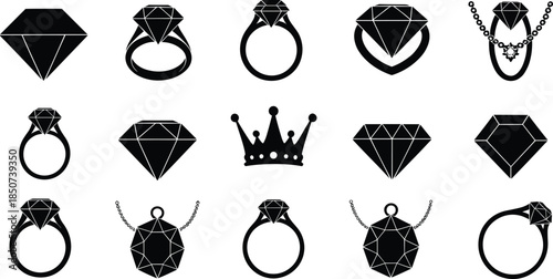 Jewelry, diamond, ring, icon, silhouette, black, white, pendant, crown, gem, sparkle, fashion, accessory, elegant, minimal, grid, design, luxury, bridal, style