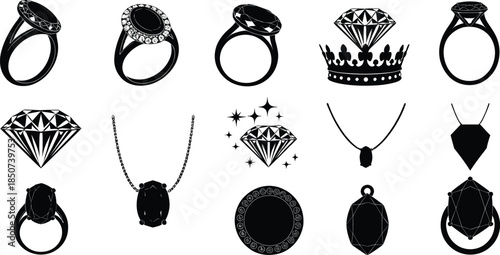 Jewelry, diamond, ring, pendant, necklace, crown, icon, silhouette, black, white, gem, sparkle, fashion, accessory, elegant, luxury, minimal, grid, design, style