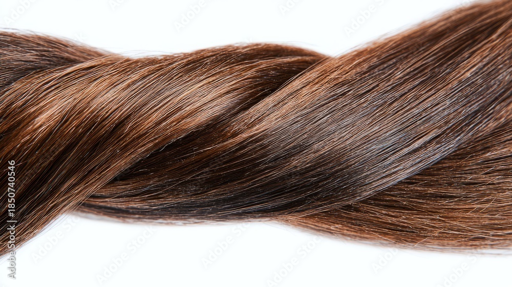 Fototapeta premium Close-up of a single strand of straight hair intertwined with a curl on a white background, highlighting smooth texture, shine, and natural detail