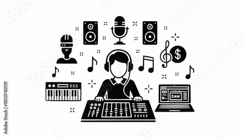 Music Production Studio Setup with DJ and Equipment.