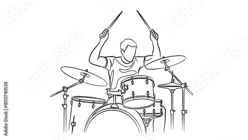 Dynamic drum player line art with energetic strokes, minimalist musician silhouette hitting drums, simple continuous line rhythm theme