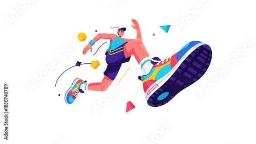 Male Runner Jumping in Mid Air with Colorful Abstract Shapes
