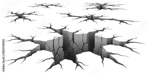 Cracked ground with fissures and chasms on white background