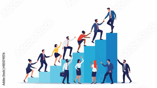 Diverse team of professionals climbing stairs symbolizing career growth and success.