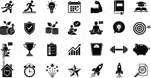 Conceptual Hilltop and Skyline-View New Year Celebration Silhouette Icon Set