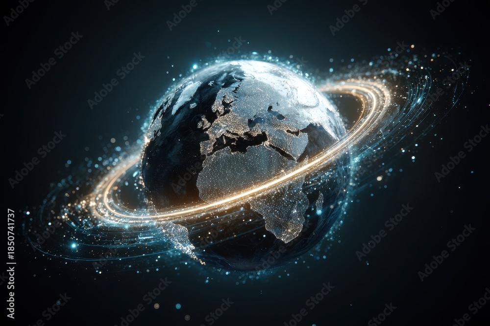 Obraz premium View of Earth with glowing rings and stars in space at night showing continents and oceans from a distance