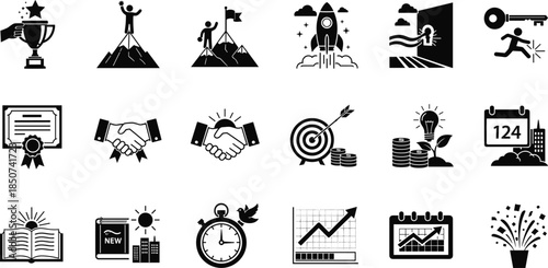 Conceptual Hilltop and Skyline-View New Year Celebration Silhouette Icon Set