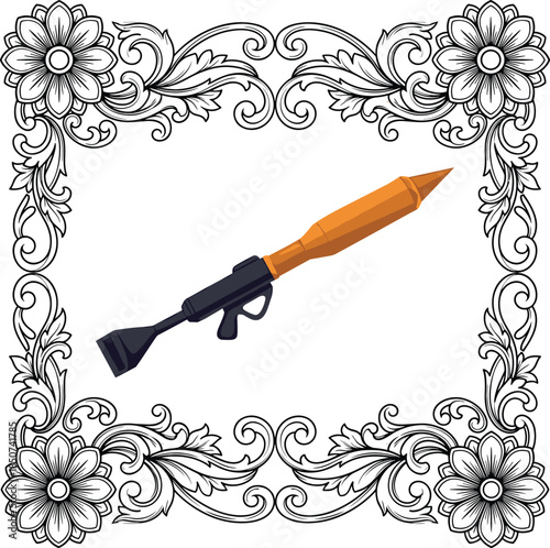 Cartoon Rocket Launcher Within Decorative Black and White Floral Frame weapon military
