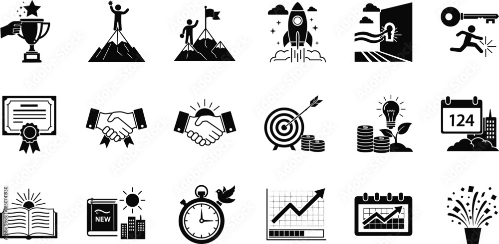 Fototapeta premium Conceptual Hilltop and Skyline-View New Year Celebration Silhouette Icon Set