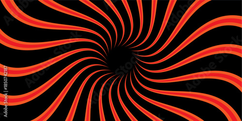 Abstract Curved Orange and Red Spiral Rays on Black Background
