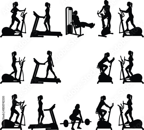 Collection of female silhouettes exercising on various gym machines and lifting weights Keywords: fitness, exercise, workout, gym