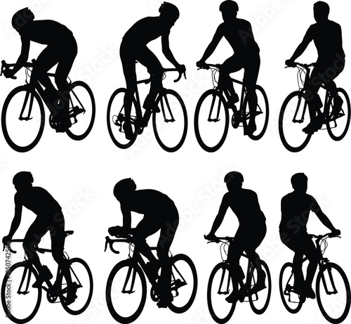 Cyclist Silhouettes Set Showing Different Poses And Bicycle Types Keywords: cyclist, silhouette, cycling, bicycle, bike, rider