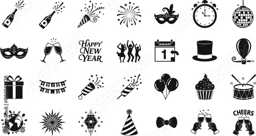 Conceptual Festival Style Global New Year Celebration Silhouette Icon Set