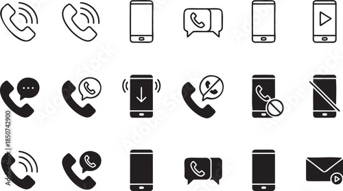 Vector  illustration of Phone Call and Mobile Communication Icons Set, isolated on transparent background and  white background