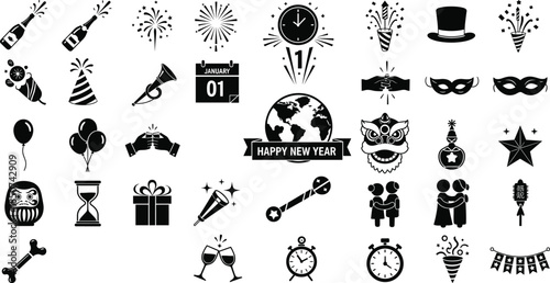 Conceptual Global New Year Celebration Silhouette Icon Set with Worldwide Festive Symbols
