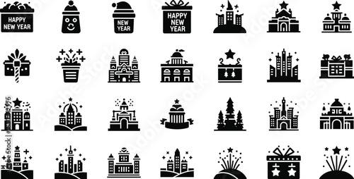 Conceptual Hilltop and Skyline-View New Year Celebration Silhouette Icon Set