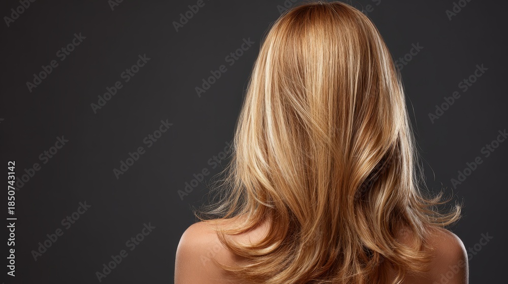 Naklejka premium Back view of a woman with long, healthy blonde hair flowing naturally, showcasing shiny, well-groomed locks in soft natural light, highlighting hair care and beauty