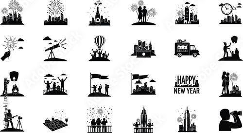 Conceptual Hilltop and Skyline-View New Year Celebration Silhouette Icon Set