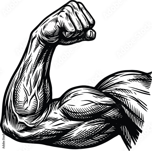 Flexing Bicep Muscle Arm with Veins in Engraved Style on White Background strength