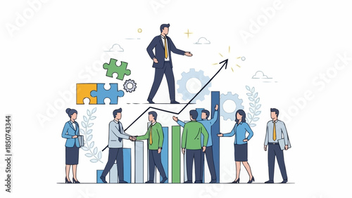 Business team collaborating on a successful growth strategy with a leader at the top.