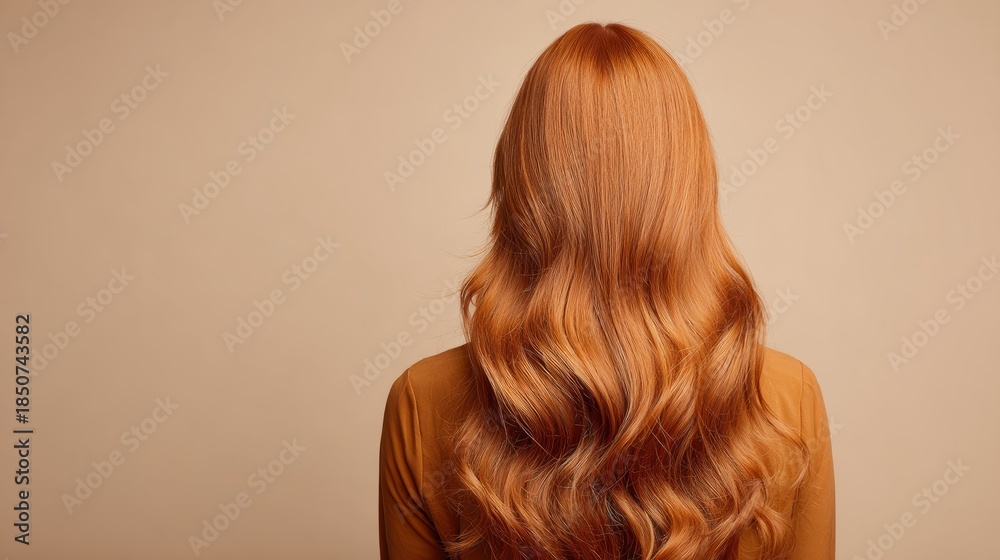 Fototapeta premium Beautiful woman with long orange hair seen from back on soft beige background, showcasing natural beauty, vibrant hair color, elegance, and minimalist studio portrait style
