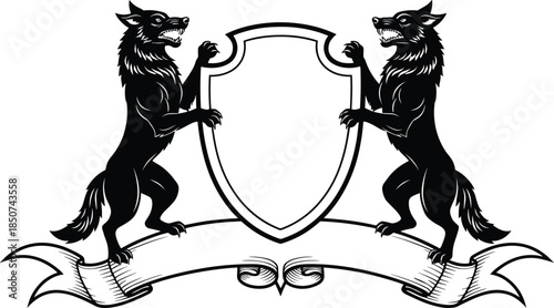 Heraldic wolves, blank shield, coat of arms, family crest, black silhouette, fierce guardians, medieval emblem, ribbon banner, loyalty, strength