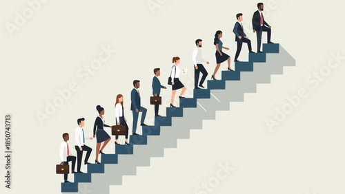Diverse group of professionals ascending stairs symbolizing career growth and success.