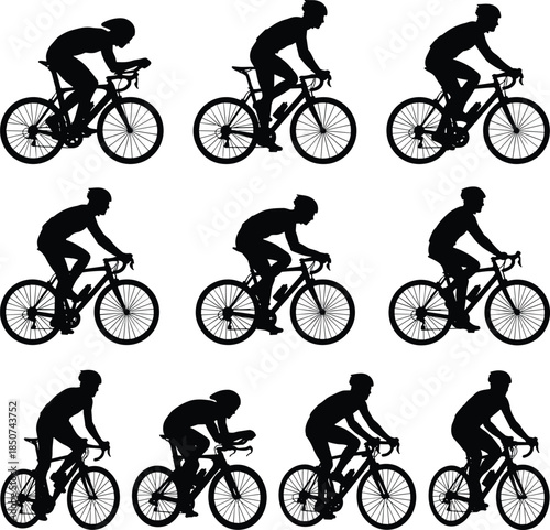 Nine Silhouettes Of Cyclists Demonstrating Various Cycling Styles Keywords: cyclist, silhouette, cycling, bicycle, bike, rider