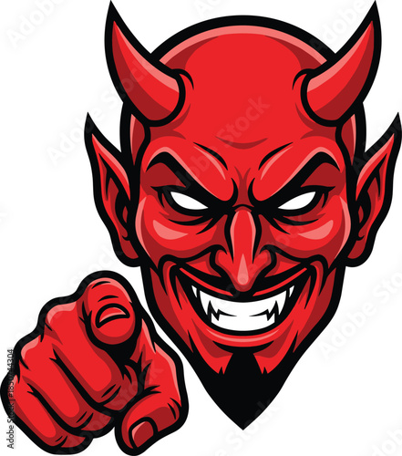 Red Devil with Black Horns Pointing Forward with a Menacing Smile anger angry