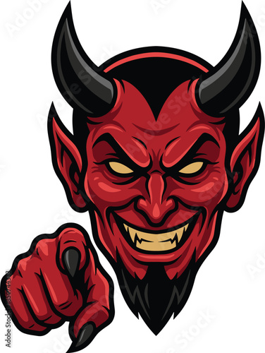 Red Devil with Yellow Eyes and Black Horns Points Finger with Grin anger angry