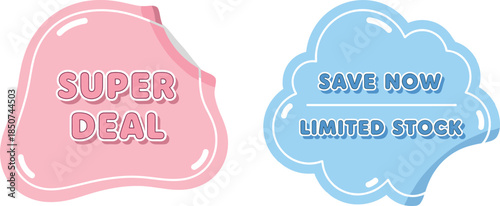 Sticker-style promotional labels with pastel colors, super deal and save now, limited stock urgency, soft retail design, sale graphics