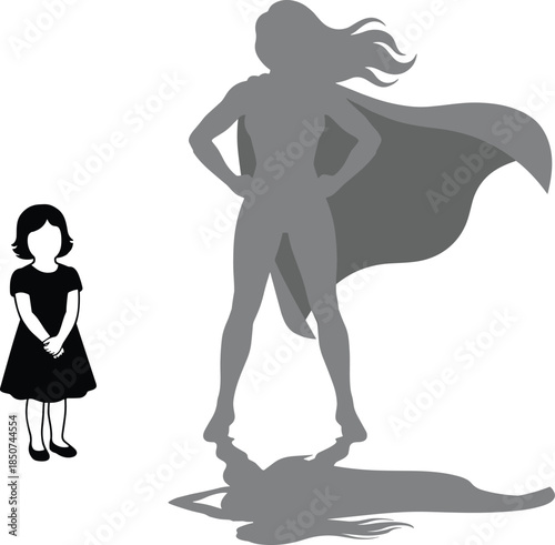 Silhouette of a young girl looking at her superhero shadow child