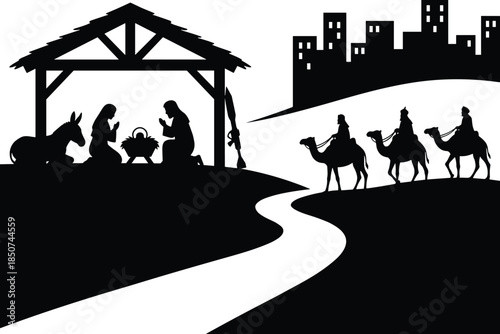 Silhouette Of Nativity Scene With Three Wise Men On Camels Approaching Bethlehem christmas jesus