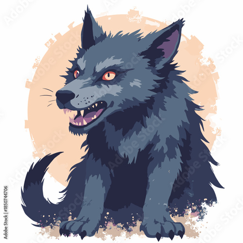 A Lykoi (Werewolf Cat). Scraggly fur rendered with jagged vector lines. Grey and black charcoal tones. Spooky but cute cartoon style. White background