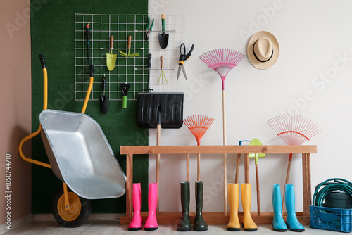 Gumboots and stand with gar...