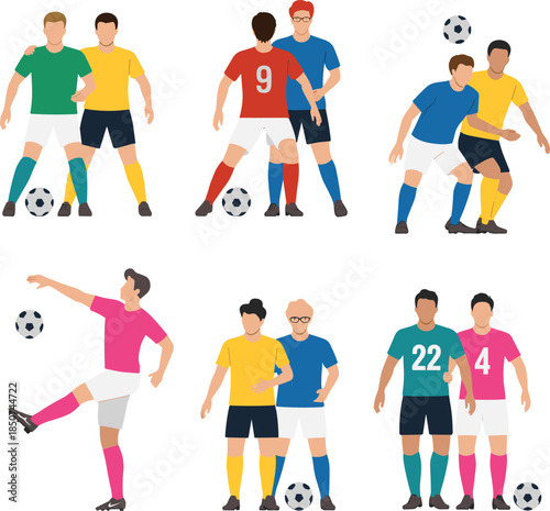 Six Illustrations of Diverse Soccer Players in Action with Footballs on White Background Keywords: soccer, football, players, sport