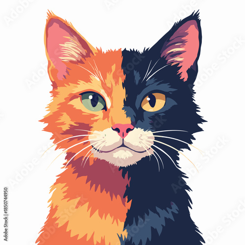 A Tortoiseshell cat with a 'chimera' split face (half black, half orange). Vibrant, saturated colors. Attitude-filled expression. Flat vector. White background