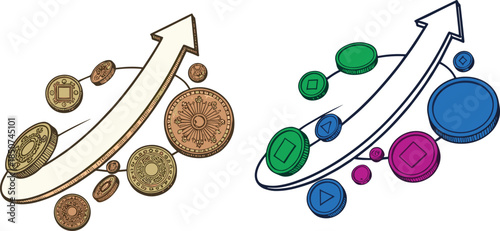 Traditional and digital currency arrows, financial growth concept, economic evolution, crypto rise, money progress, investment shift, currency transformation