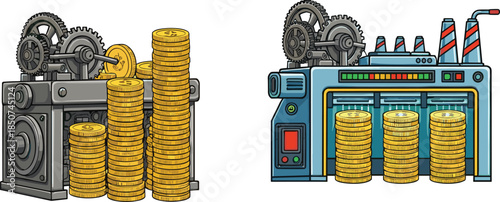 Traditional and modern coin machines, financial production concept, economic output, money generation, technology evolution, wealth creation, industrial finance metaphor