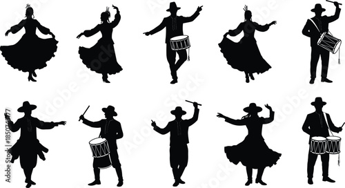 Traditional dance icons, cultural music silhouettes, black performer graphics, drum and movement set, folk attire poses, heritage celebration visuals