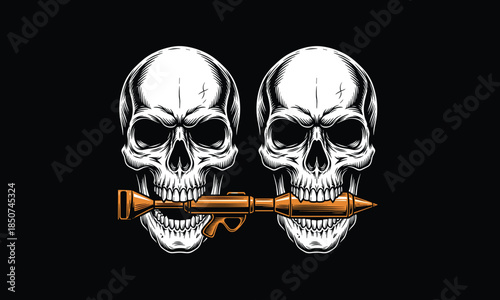 Two Skulls Biting an Orange Rocket Launcher on Black Background skeleton death