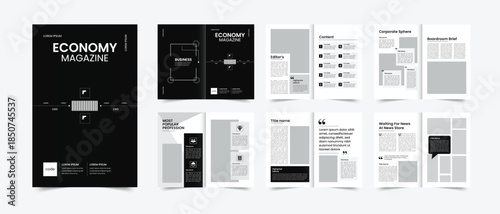 Modern economy business magazine design with minimalist monochrome layouts and professional editorial presentation style