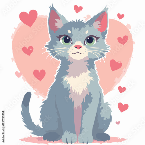 A Korat cat with a heart-shaped face. Silvery-blue fur. Green eyes. Love-themed vector sticker. Hearts floating around. White background