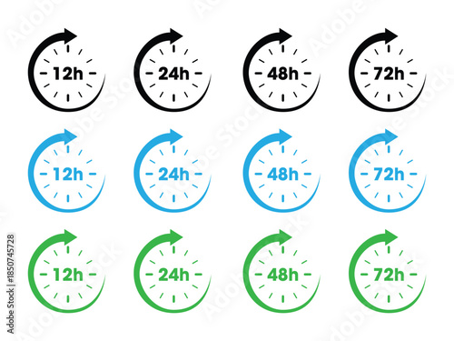 12h 24h 48h 72h Countdown Icons. Time Limit and Duration Clock Icons