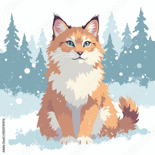 A Norwegian Forest Cat in a snowy setting (white negative space). Vibrant emerald green eyes. Thick winter coat rendered in simple scalloped shapes. Vector illustration. White background
