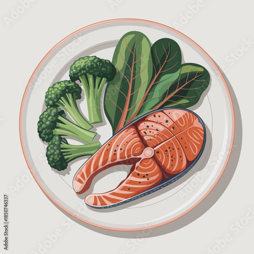 A delicious plate showcasing a beautifully seared salmon fillet accompanied by vibrant broccoli and nutrient-rich leafy greens, representing a nutritious meal.